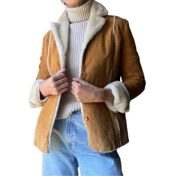 Vintage Sherpa Penny Lane Jacket Coat Tan Suede Shearling Lining Western XL - Picture 1 of 8